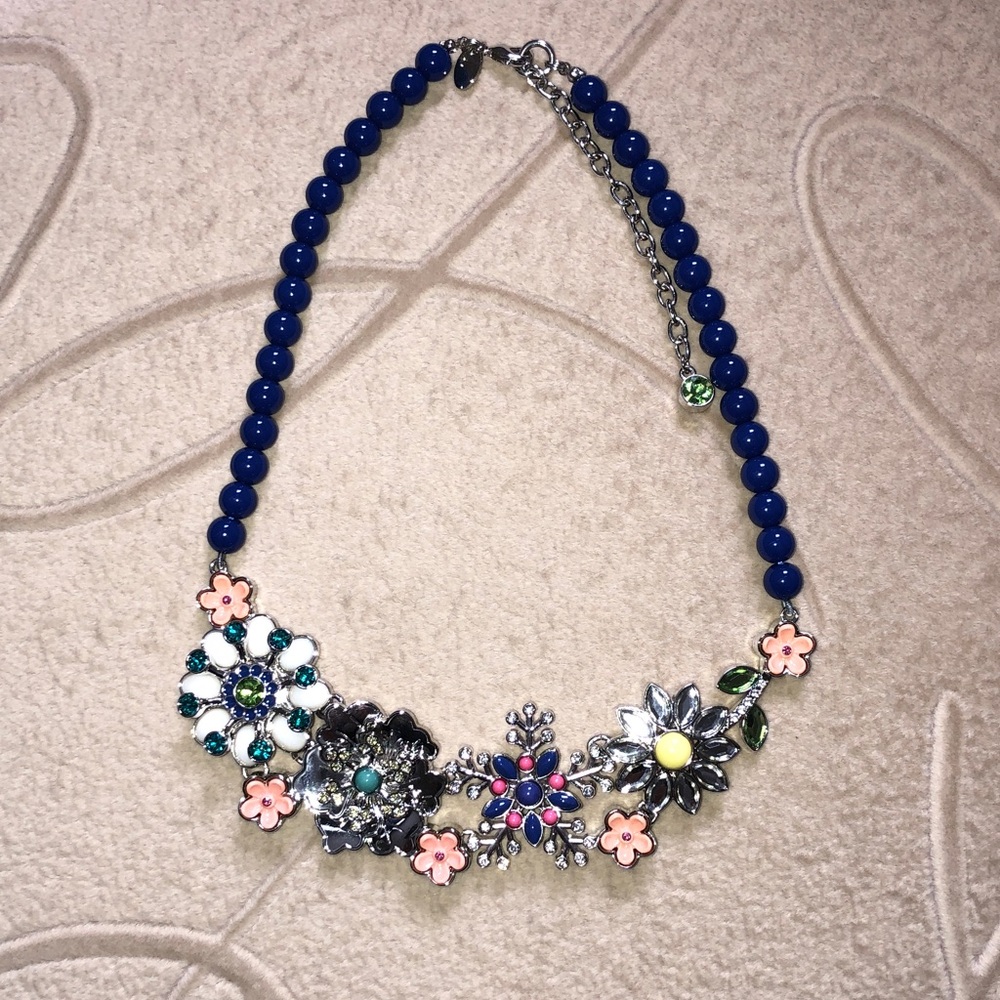 LIA SOPHIA Floral Multicolor Statement Silver Necklace - Blue Beaded Chain